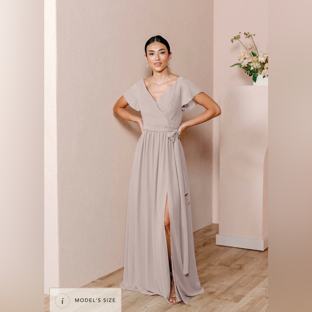 Revelry Harper Chiffon Faux Wrap Dress in Taupe Size 2 (never been worn!)